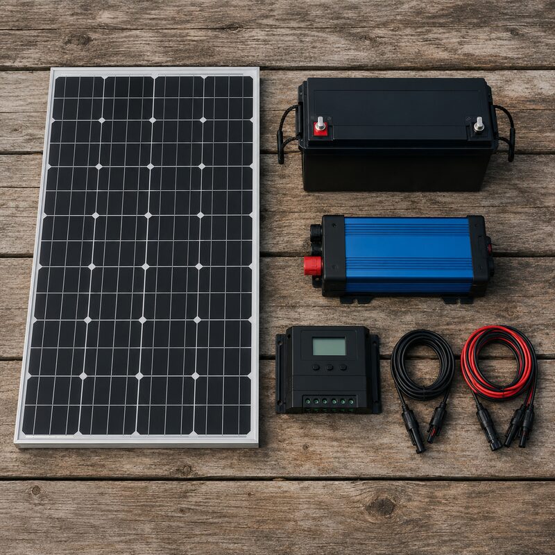 Complete cabin solar kit laid out: panel, battery, inverter, controller, cables